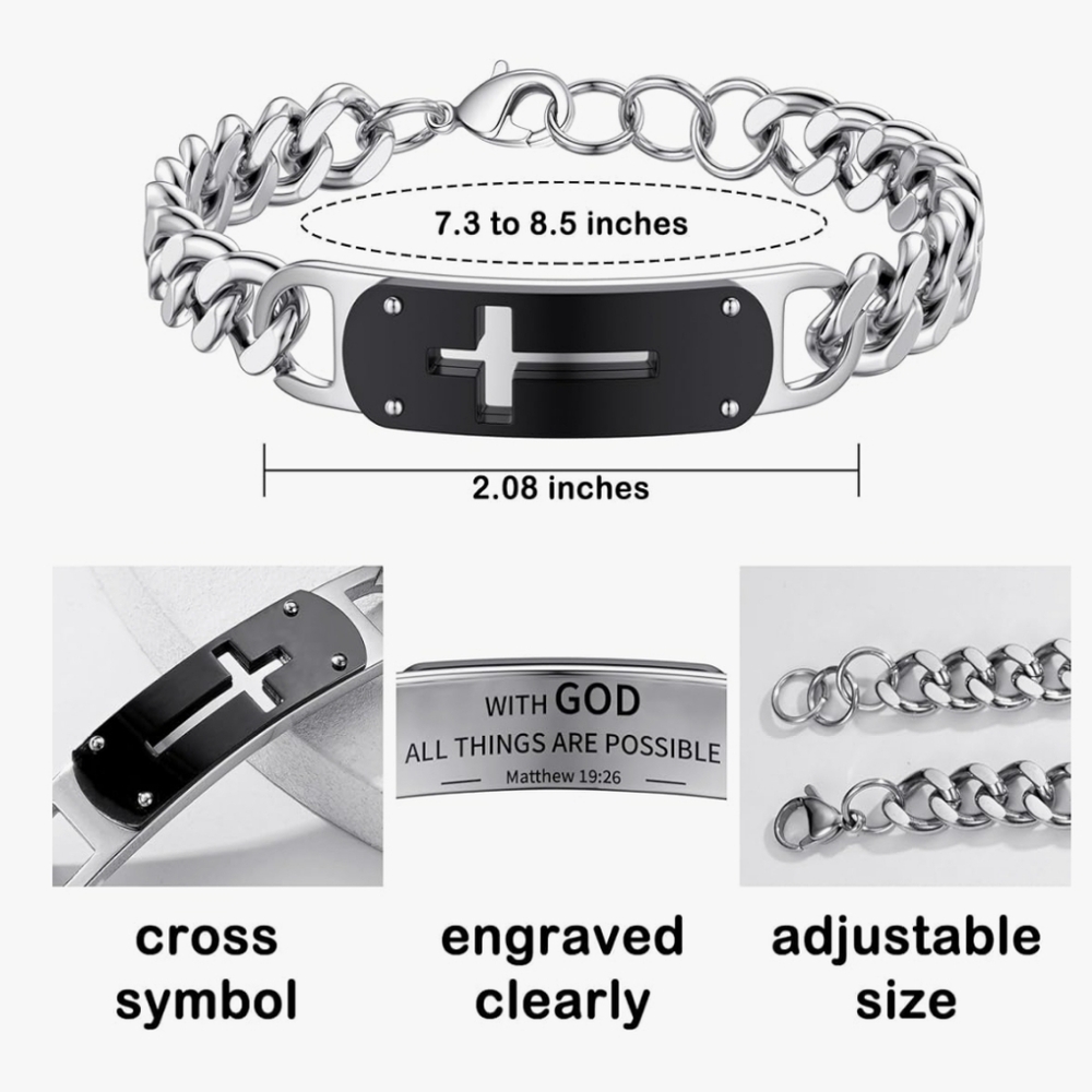 Cross Bracelet Stainless Steel Cuban Cross Chain Link Bracelets Bible Joshua 1:9 - Picture 3 of 5